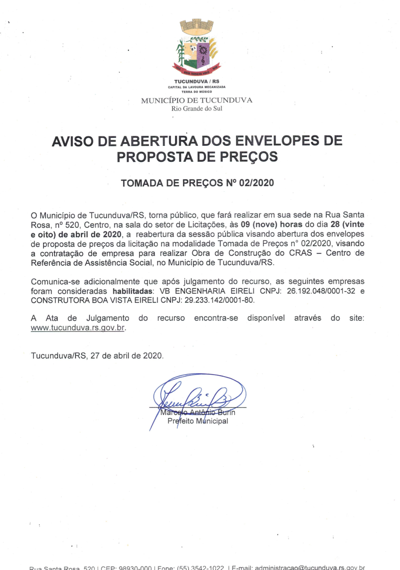 TMP 02/2020 AVISO DE ABERTURA DOS ENVELOPES DE PROPOSTA DE PREÇOS